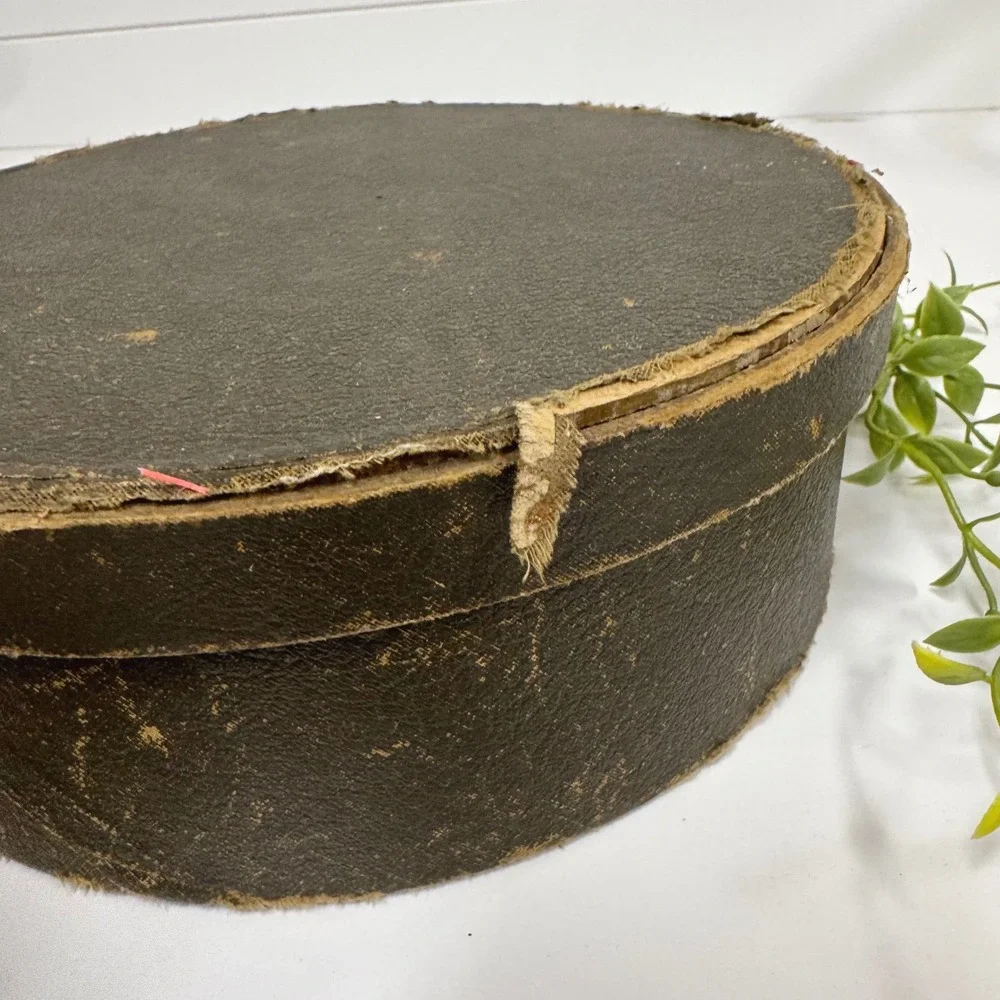 Vintage Round Cardboard Collar Hat Box faux leather Dk Brown Millinery Mold